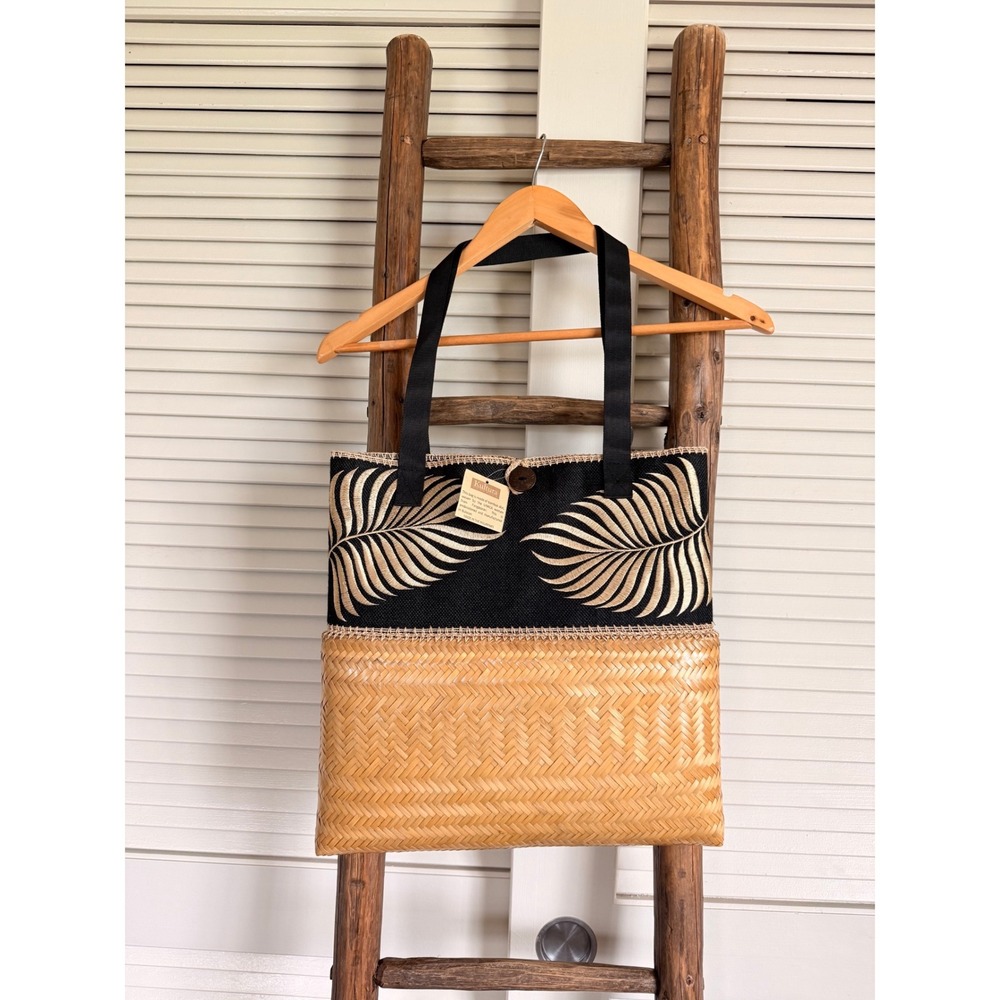 Kultura Tote Bag Womens Large Black Tan NWT Bamboo Woven Leaf‎ Embroidered